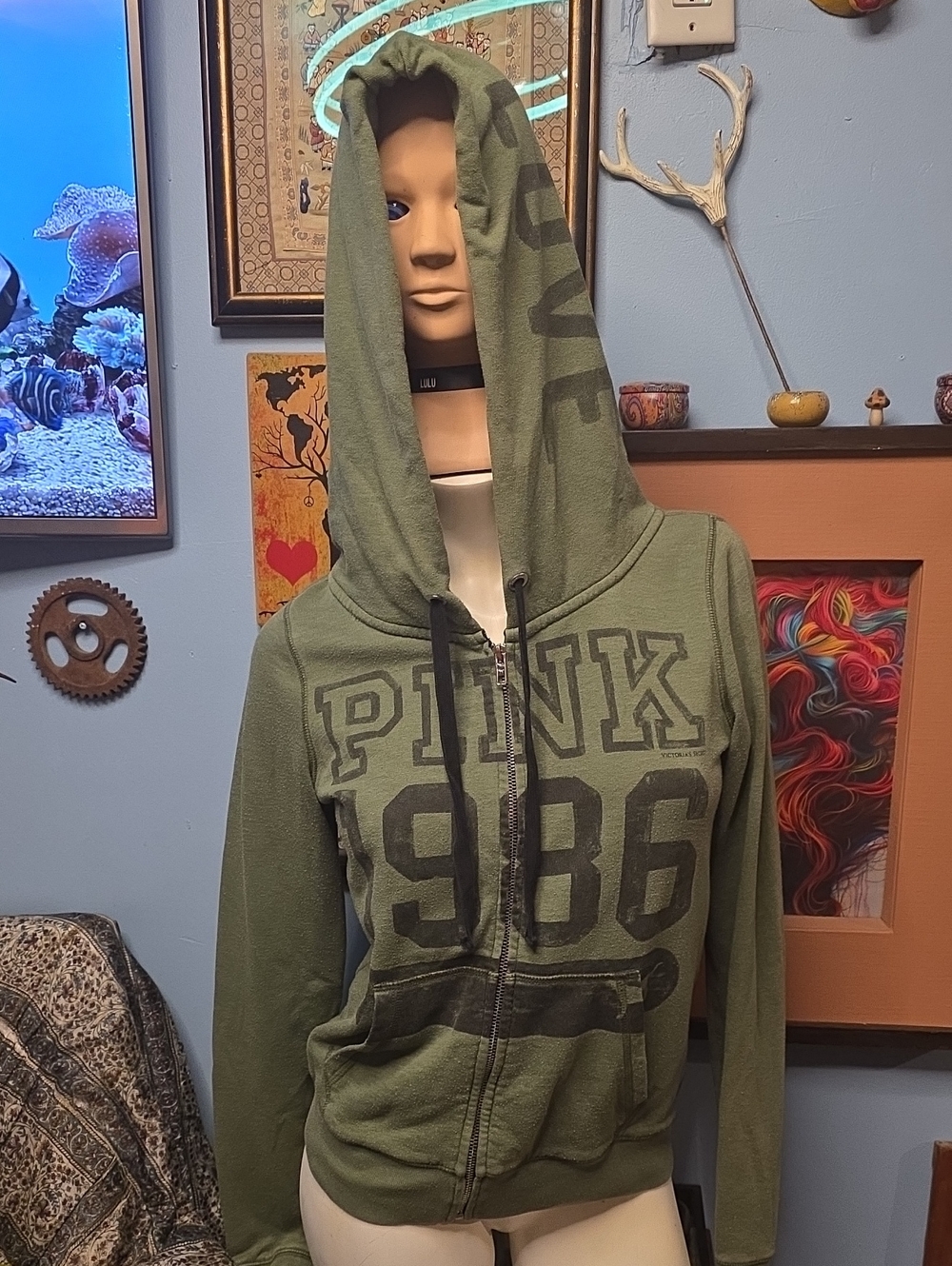 PINK Victoria's Secret Olive Green Zip-Front Hoodie Jacket